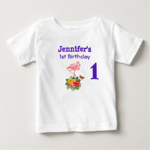 1st Birthday Pink Flamingo & Tropical Hibiscus Baby T-Shirt
