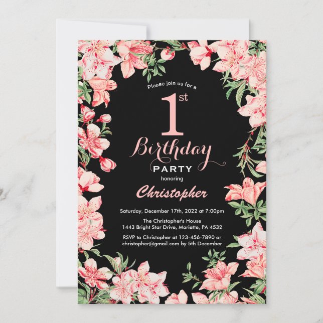 1st Birthday Pink Floral Flowers Black Background Invitation (Front)