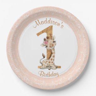 1st Birthday Pink Girl Baby Giraffe Paper Plate