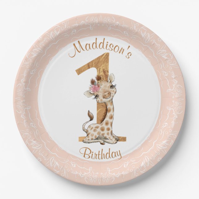 1st Birthday Pink Girl Baby Giraffe Paper Plate (Front)