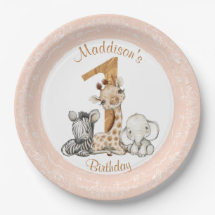 1st Birthday Pink Girl Safari Paper Plate