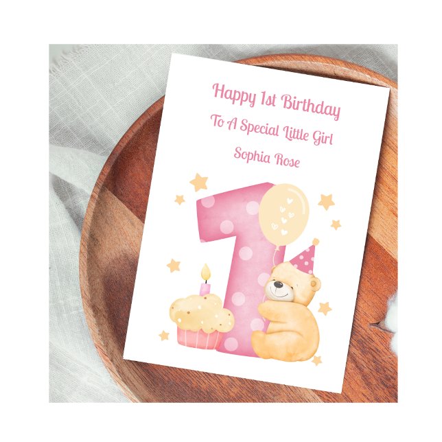 1st Birthday Pink Girl Teddy Bear Birthday Card (Creator Uploaded)