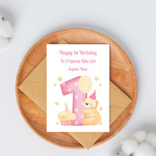 1st Birthday Pink Girl Teddy Bear Birthday Card