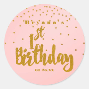 1st Birthday Pink & Gold Foil Confetti Stickers