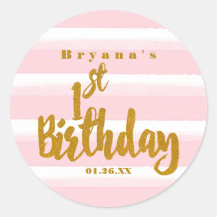 1st Birthday Pink & Gold Foil Watercolor Sticker