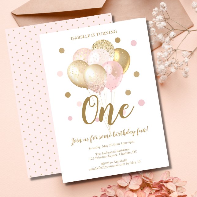 1st Birthday Pink Gold Glitter Balloons Party Invitation (Creator Uploaded)