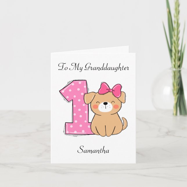 1st Birthday Pink Kitten Granddaughter Birthday Card (Front)