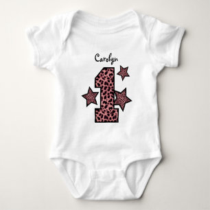 1st Birthday PINK Leopard Big Number Stars GIRL Baby Bodysuit