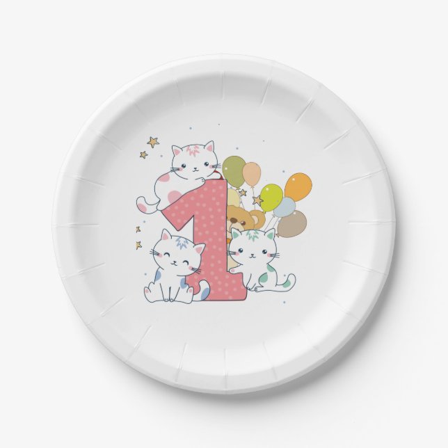 1st Birthday Pink One Cats Balloons Paper Plate (Front)