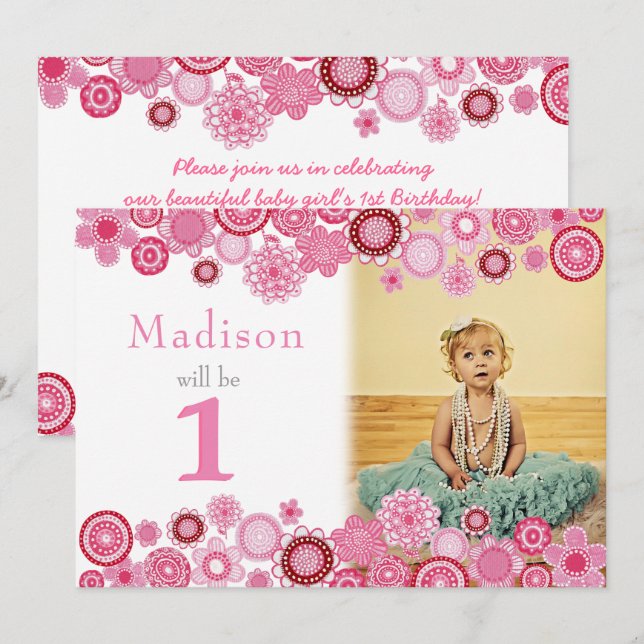 1st Birthday Pink Party Invitation Photo Card (Front/Back)