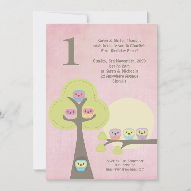 1st Birthday Pink Party Night Owls Cute Invitation (Front)