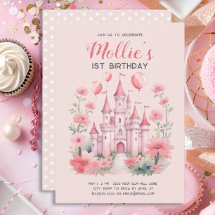 1st Birthday Pink Princess Castle Balloons Invitation