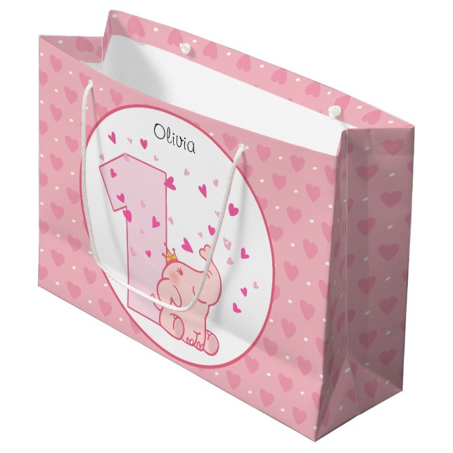 1st Birthday Pink Princess Elephant Party Large Gift Bag (Front Angled)
