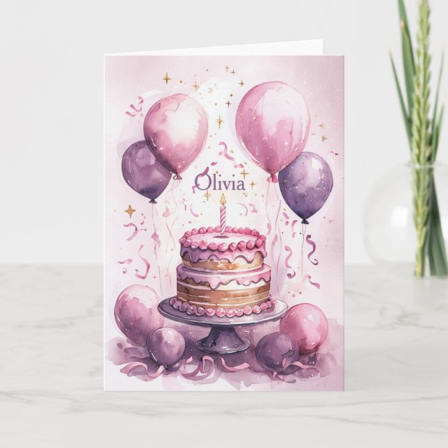 1st Birthday Pink Purple Cute  Princess Girl Name Card (Front)