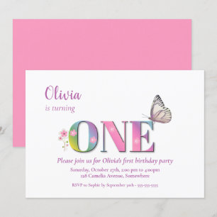 1st Birthday Pink Rainbow Flowers & Butterfly Part Invitation