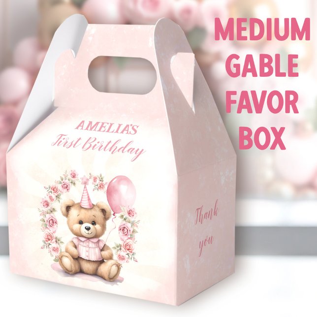 1st Birthday Pink Roses Cute Bear Medium Gable Favour Box (Bear Roses Medium Gable Favor Boxes - You can choose from 3 sizes of these gable favor boxes)