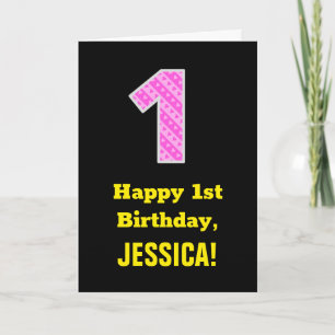 1st Birthday: Pink Stripes and Hearts "1" + Name Card