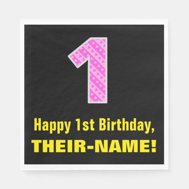 1st Birthday: Pink Stripes and Hearts "1" + Name Napkin (Front)