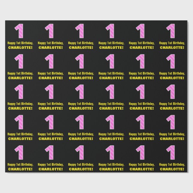 1st Birthday: Pink Stripes and Hearts "1" + Name Wrapping Paper (Flat)