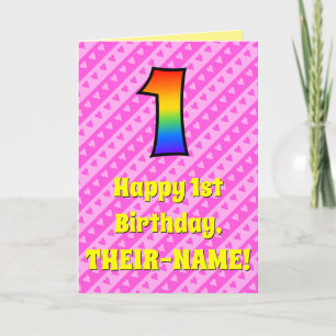 1st Birthday: Pink Stripes & Hearts, Rainbow # 1 Card