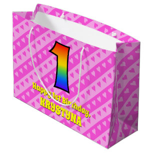 1st Birthday: Pink Stripes & Hearts, Rainbow # 1 Large Gift Bag