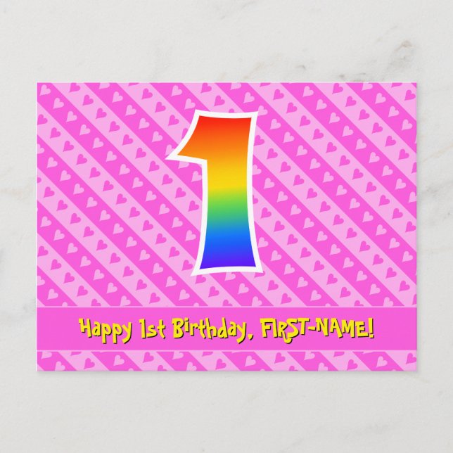 1st Birthday: Pink Stripes & Hearts, Rainbow 1 Postcard (Front)