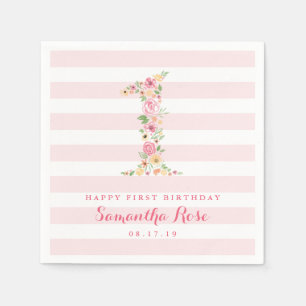 1st Birthday Pink Stripes & Watercolor Floral ONE Napkin