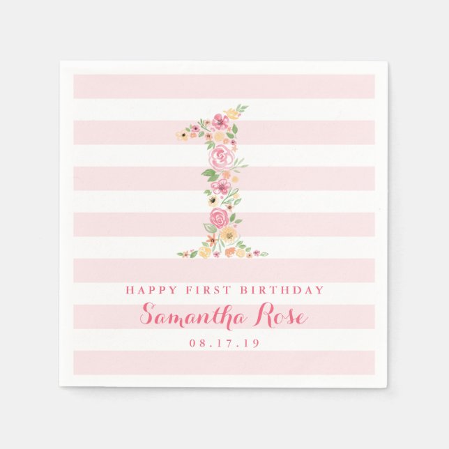1st Birthday Pink Stripes & Watercolor Floral ONE Napkin (Front)