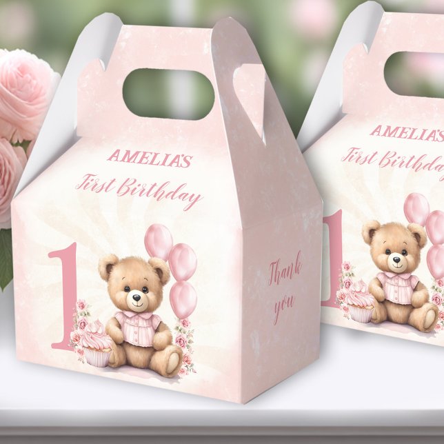 1st Birthday Pink Teddy Bear Number Favour Boxes (Bear Birthday Favor Boxes - You can choose from 3 sizes by clicking on the STYLE dropbox.)