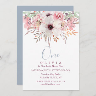 1st Birthday Pink Watercolor Floral Invitation