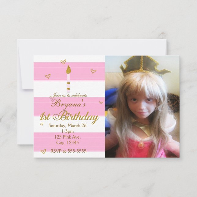 1ST BIRTHDAY Pink White & Gold Photo Invitation (Front)