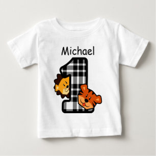 1st Birthday Plaid Tiger and Lion 1 Year Old A2 Baby T-Shirt