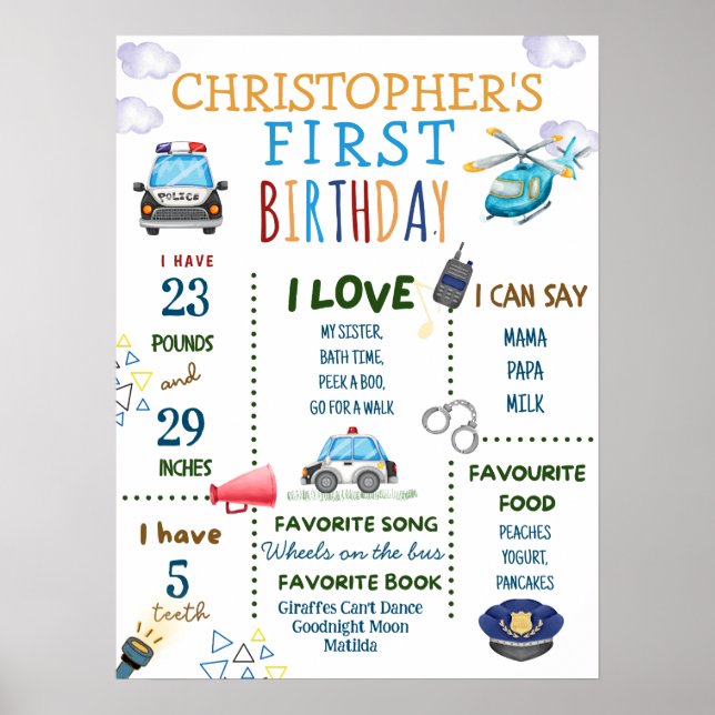1st Birthday Police Officer Party Poster (Front)