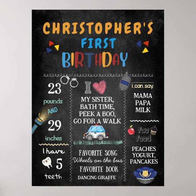 1st Birthday Police Officer Party Poster (Front)