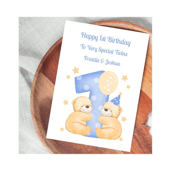 1st Birthday Polka Dot Teddies Twin Boys Card (Creator Uploaded)
