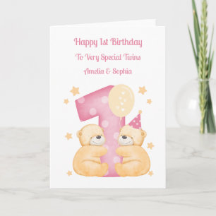 1st Birthday Polka Dot Teddies Twin Girls Card