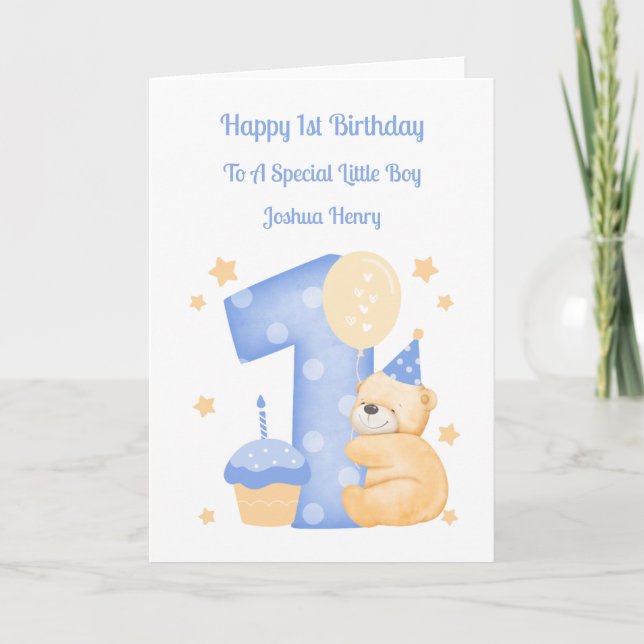 1st Birthday Polka Dot Teddy Birthday Boy Card (Front)