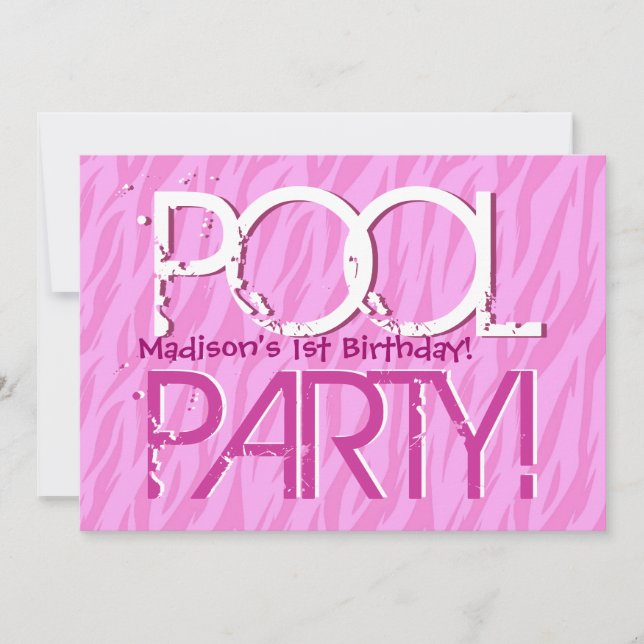 1st Birthday Pool Party Pink Zebra Waves Template (Front)
