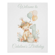 1st Birthday Poster Sign Highland Cow