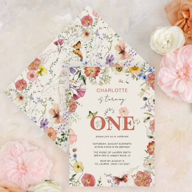 1st Birthday Pressed Flowers Is Turning One Invitation (Easily personalize this sweet baby's first birthday invitation with your unique details.)