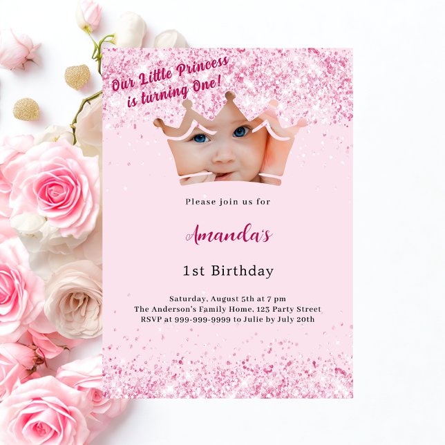 1st Birthday Princess photo crown pink Invitation (Creator Uploaded)
