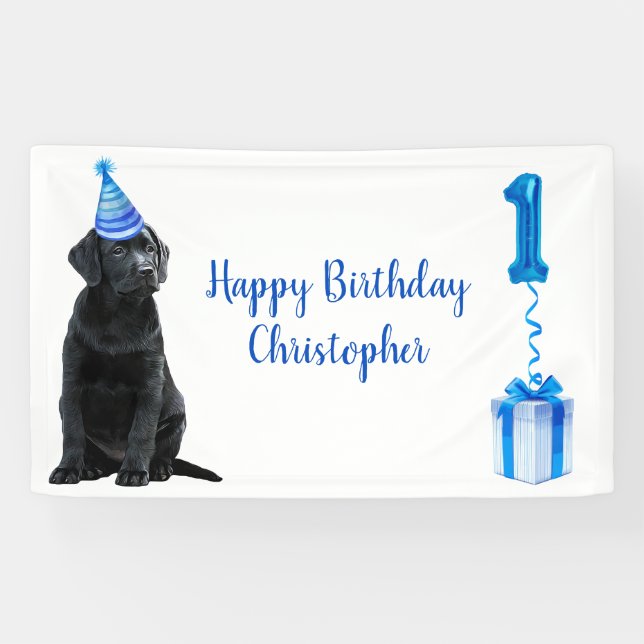 1st Birthday Puppy Theme- Cute Dog Blue Boy Pawty Banner (Horizontal)