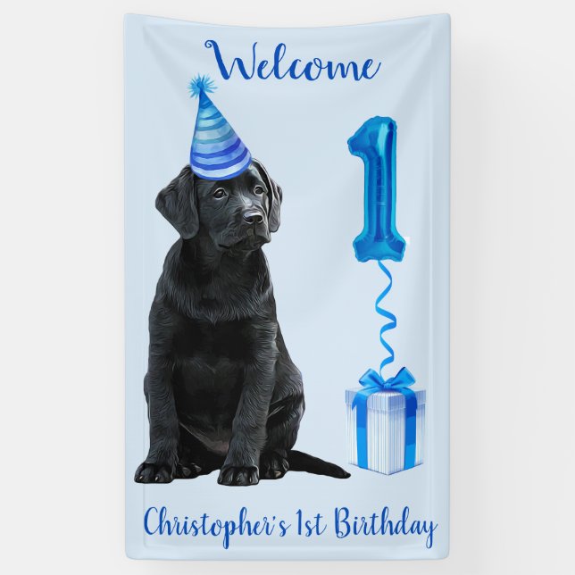 1st Birthday Puppy Theme- Cute Dog Blue Boy Pawty Banner (Vertical)