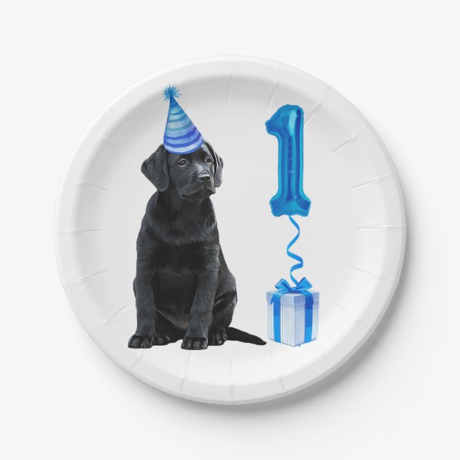 1st Birthday Puppy Theme- Cute Dog Blue Boy Pawty Paper Plate (Front)