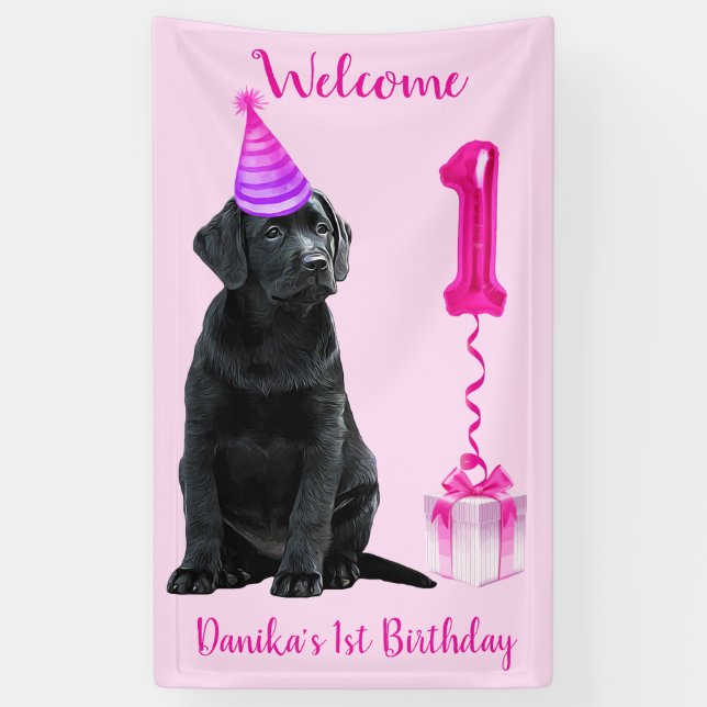 1st Birthday Puppy Theme- Cute Dog Pink Girl Pawty Banner (Vertical)