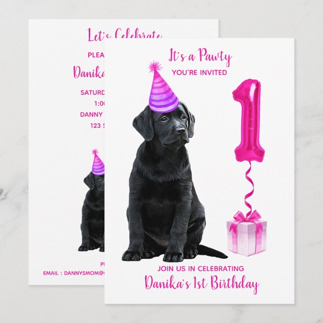 1st Birthday Puppy Theme- Cute Dog Pink Girl Pawty Invitation (Front/Back)