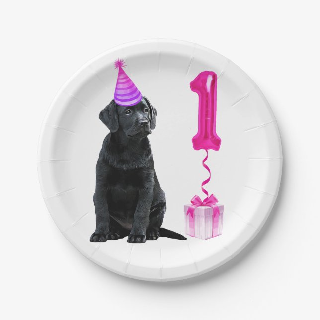 1st Birthday Puppy Theme- Cute Dog Pink Girl Pawty Paper Plate (Front)