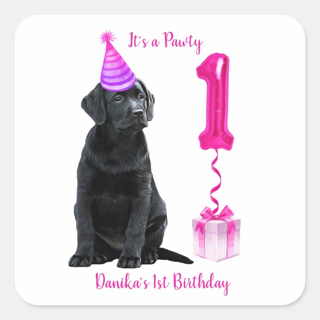 1st Birthday Puppy Theme- Cute Dog Pink Girl Pawty Square Sticker (Front)
