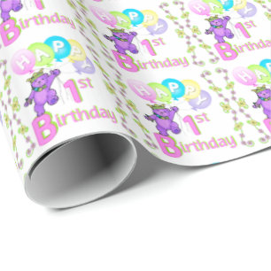 1st Birthday Purple Princess Teddy Bears Wrapping Paper