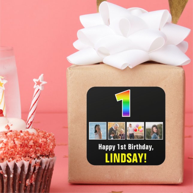 1st Birthday: Rainbow “1”; Custom Photos & Name Square Sticker (Party)